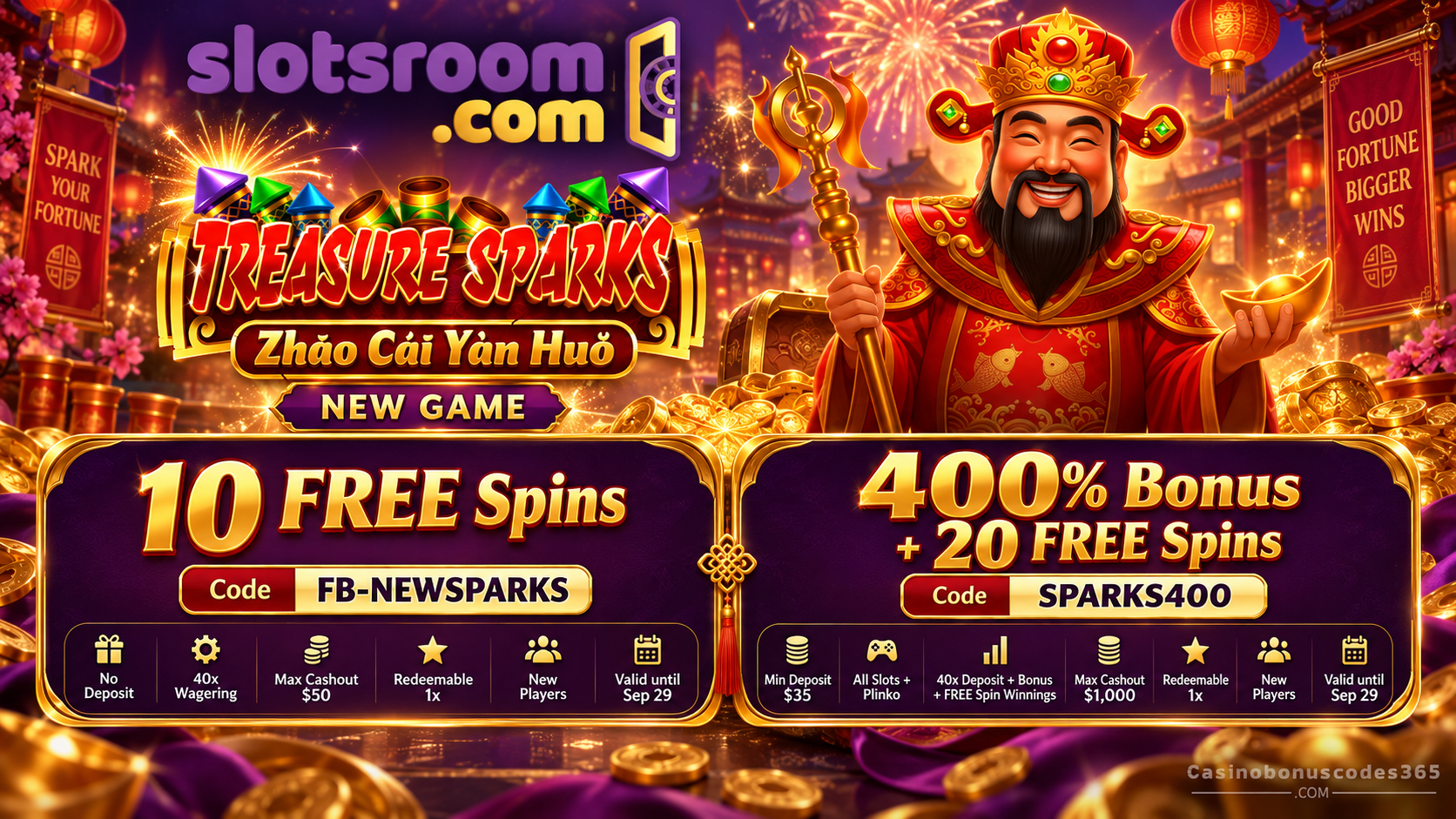 Slotsroom Treasure Sparks 10 FREE Spins + 400% Bonus + 20 FREE Spins