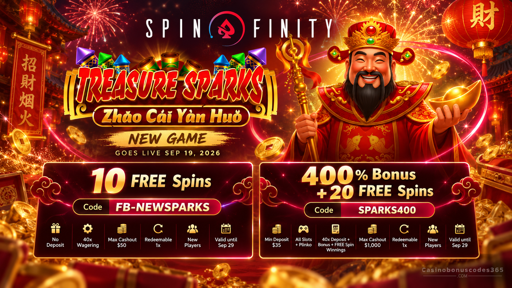 Spinfinity Treasure Sparks 10 FREE Spins + 400% Bonus + 20 FREE Spins