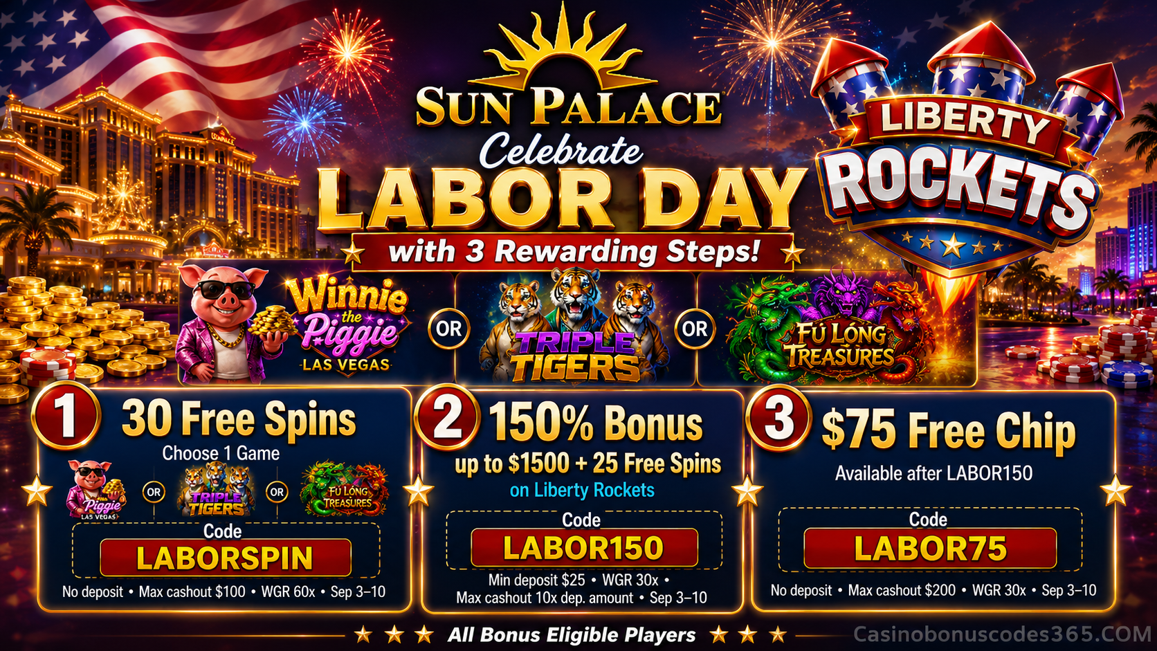 Sun Palace Bonus Offer – 30 no-deposit FREE Spins on one selected game