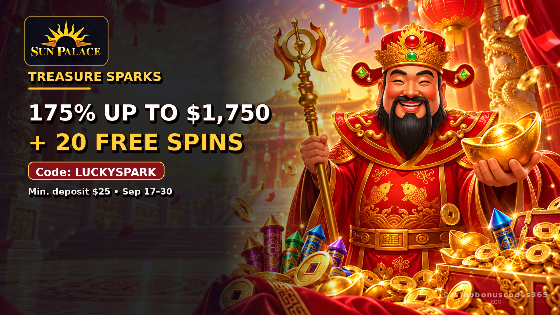 Sun Palace 175% up to $1,750 + 20 FREE Spins