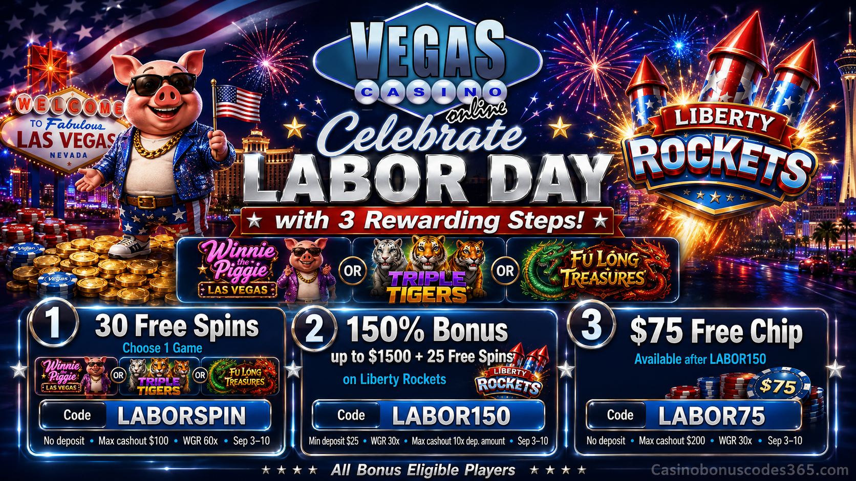 Vegas Casino Online Bonus Offer – 30 no-deposit FREE Spins on one selected game