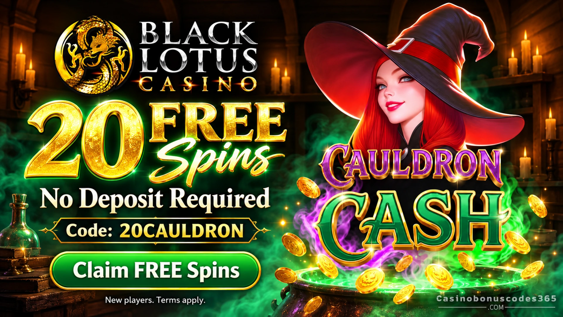 Black Lotus Casino 20 no deposit FREE Spins on Cauldron of Cash with code 20CAULDRON