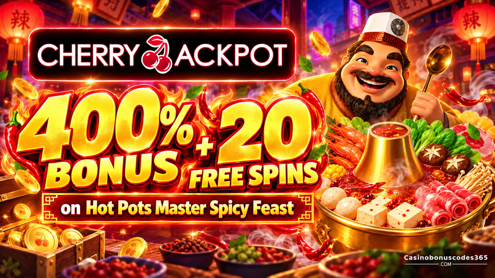 Cherry Jackpot Hot Pot Master Spicy Feast launch promotion — 400% Bonus + 20 FREE Spins on Hot Pot Master Spicy Feast