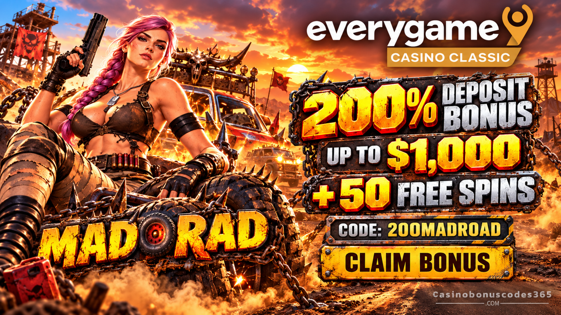 Everygame Casino Classic: 200% up to $1,000 + 50 Mad Road FREE Spins