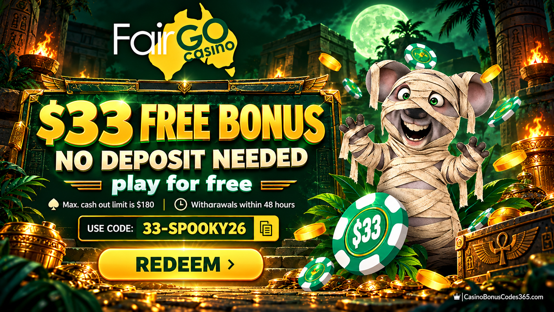 Fair Go Casino Halloween Free Chip: $33 with 33-SPOOKY26