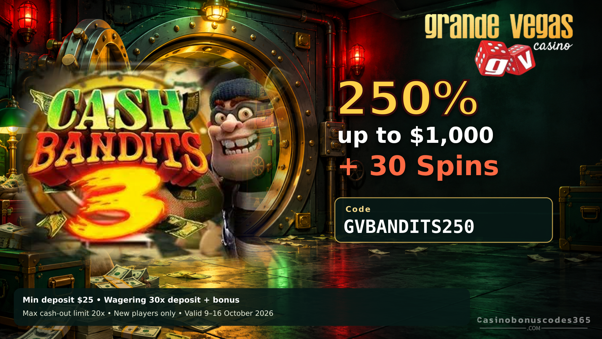 Grande Vegas Casino 250% up to $1,000 + 30 FREE Spins