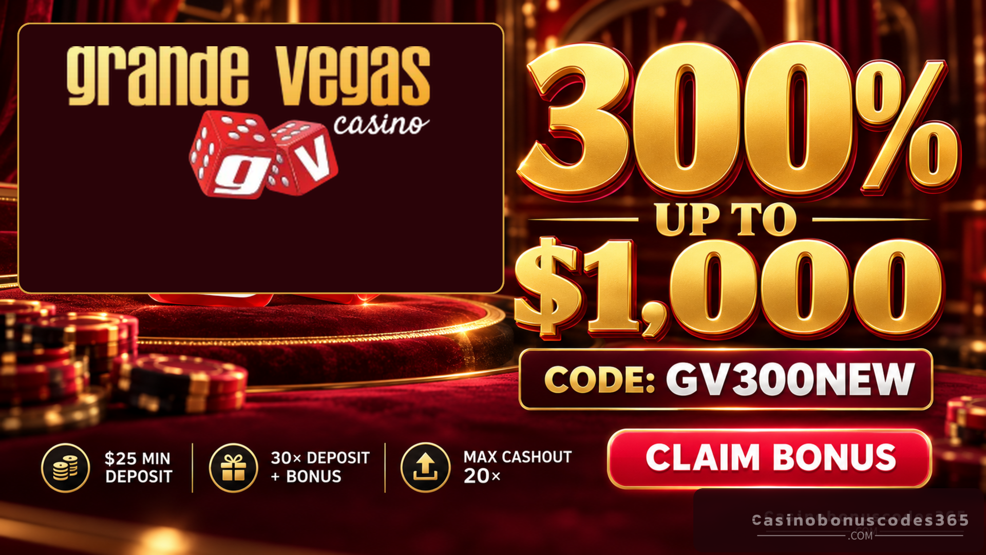 Grande Vegas Casino: 300% up to $1,000 with GV300NEW