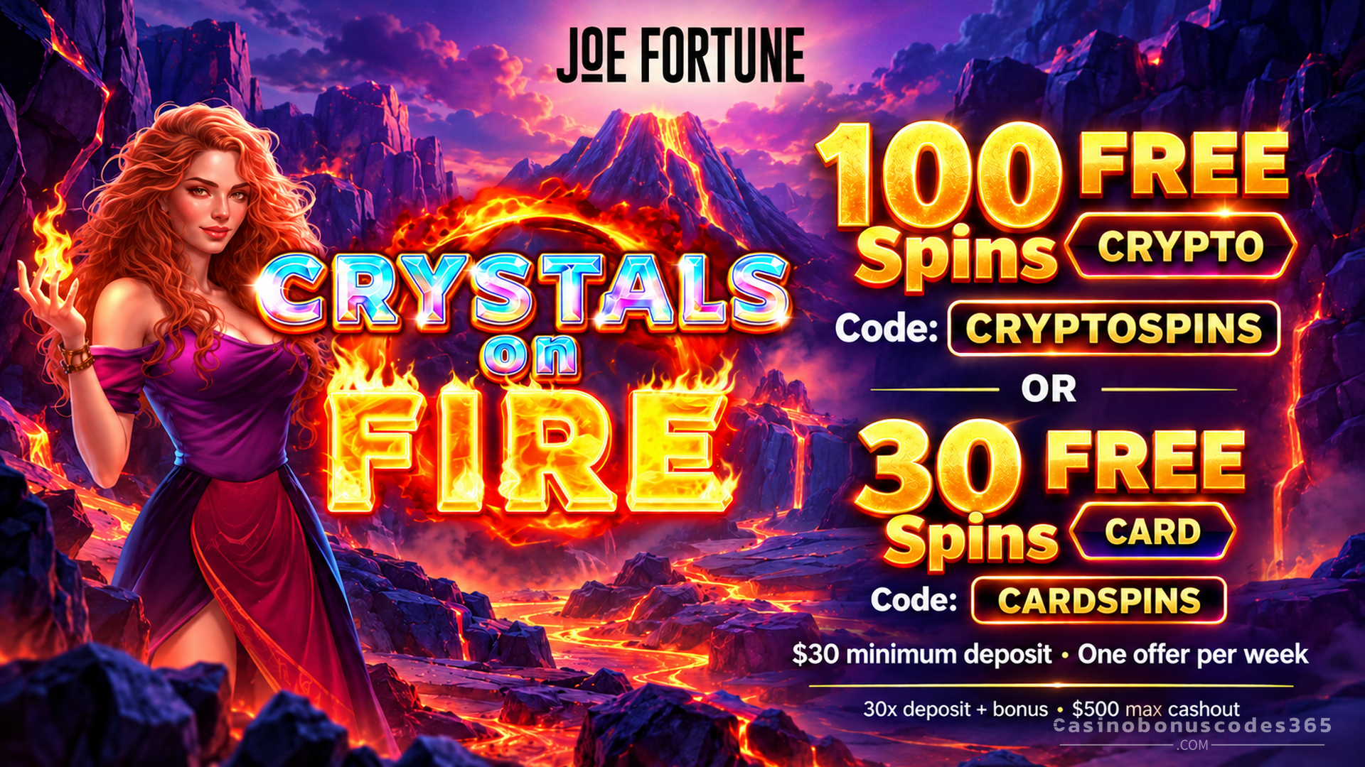 Joe Fortune Crystals on Fire weekly offer with 100 crypto FREE Spins or 30 card FREE Spins