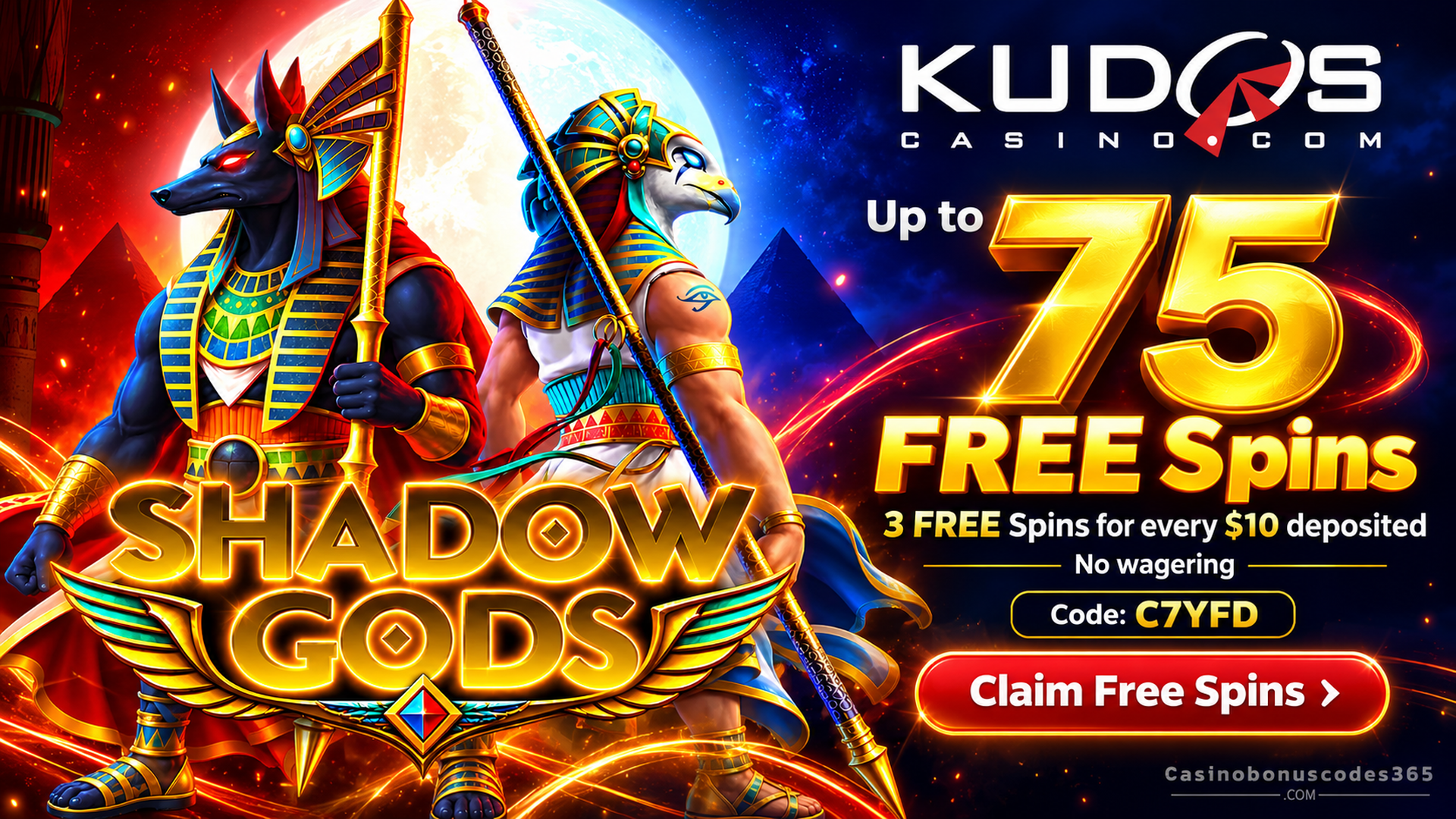 Kudos Casino Shadow Gods Spin Boost: Up to 75 FREE Spins