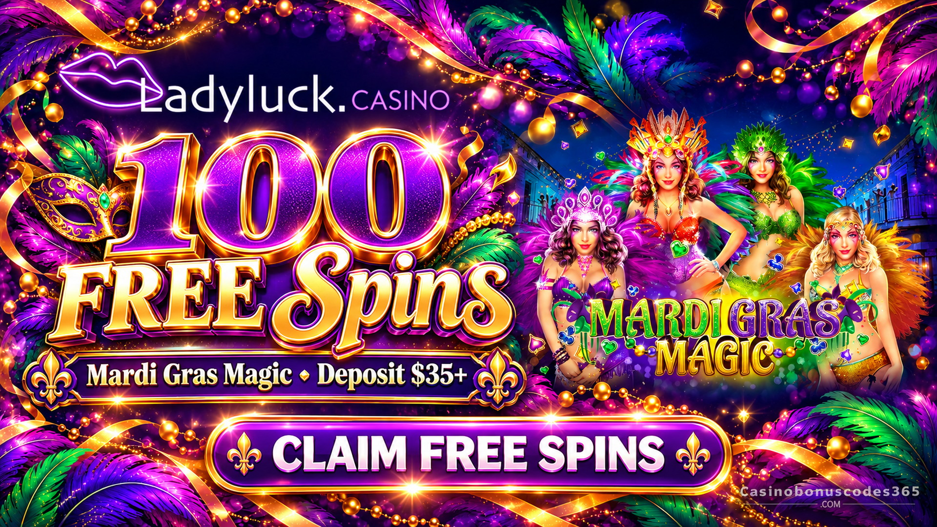 Lady Luck Casino 100 FREE Spins on Mardi Gras Magic