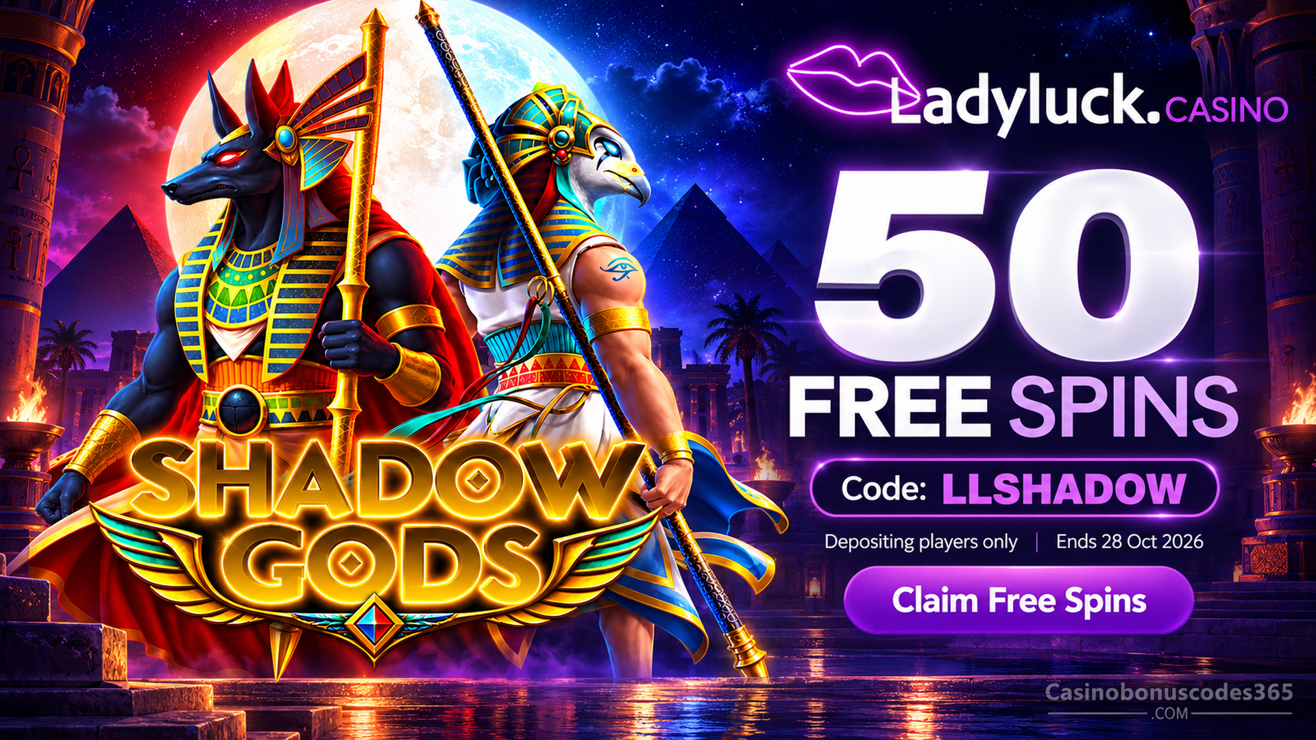 Lady Luck Casino Shadow Gods: 50 FREE Spins with LLSHADOW