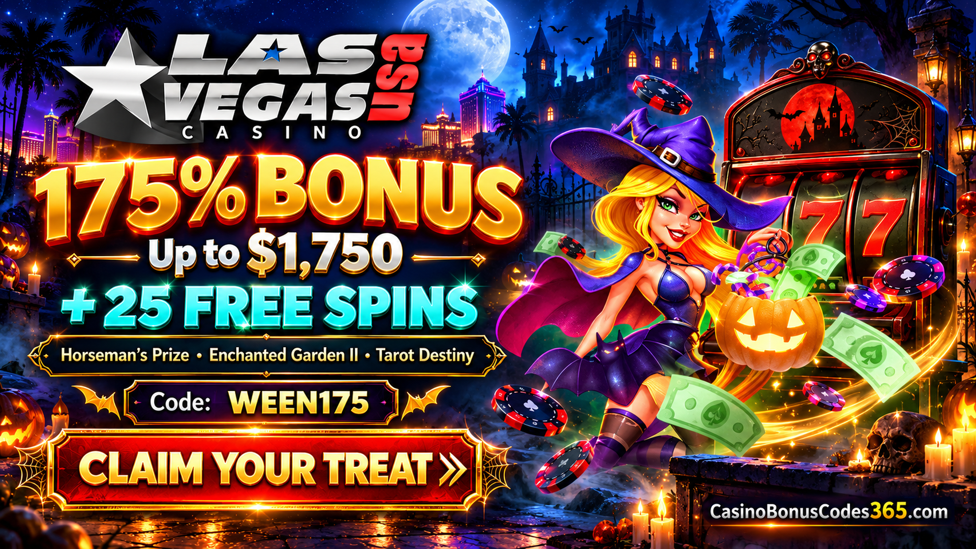 Las Vegas USA Casino Halloween: 175% up to $1,750 + 25 FREE Spins