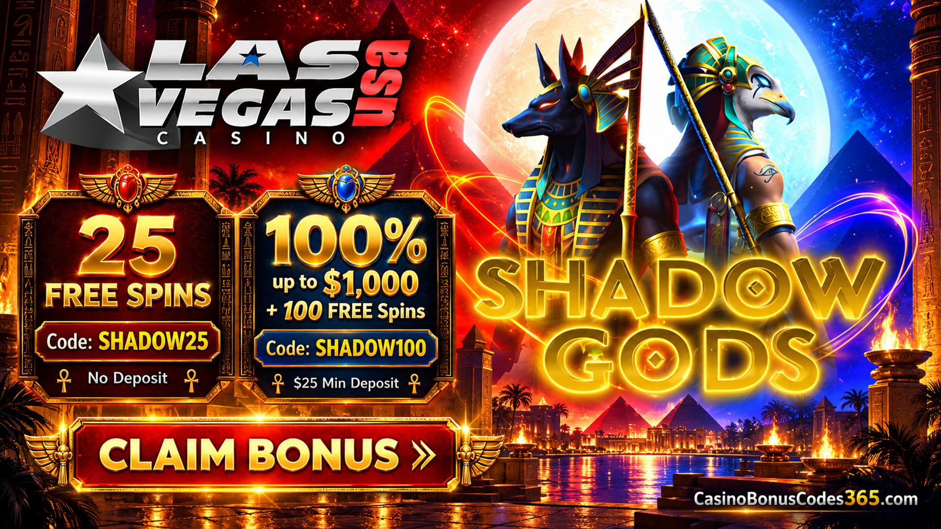 Las Vegas USA Casino: 25 Shadow Gods FREE Spins + Deposit Offer