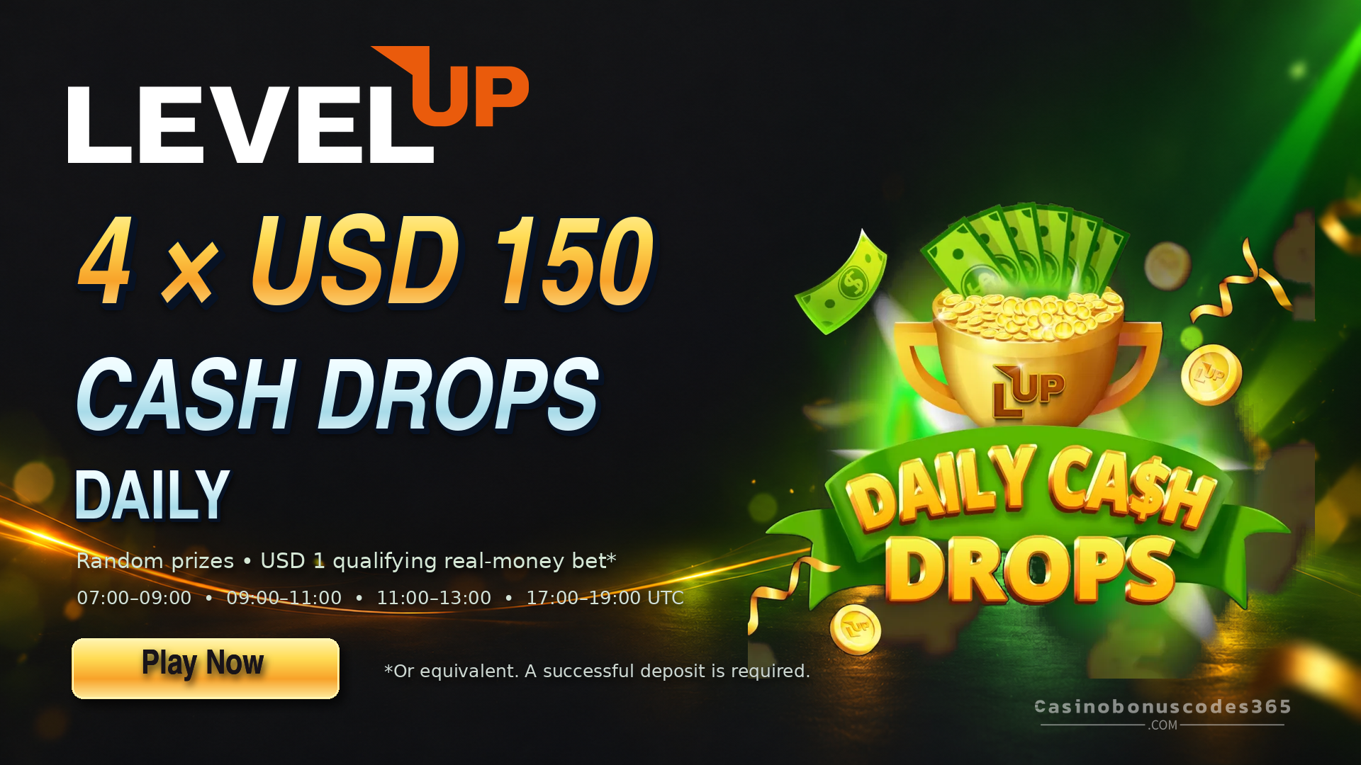 LevelUp Casino Daily Cash Drops: Four USD 150 Prizes Each Day
