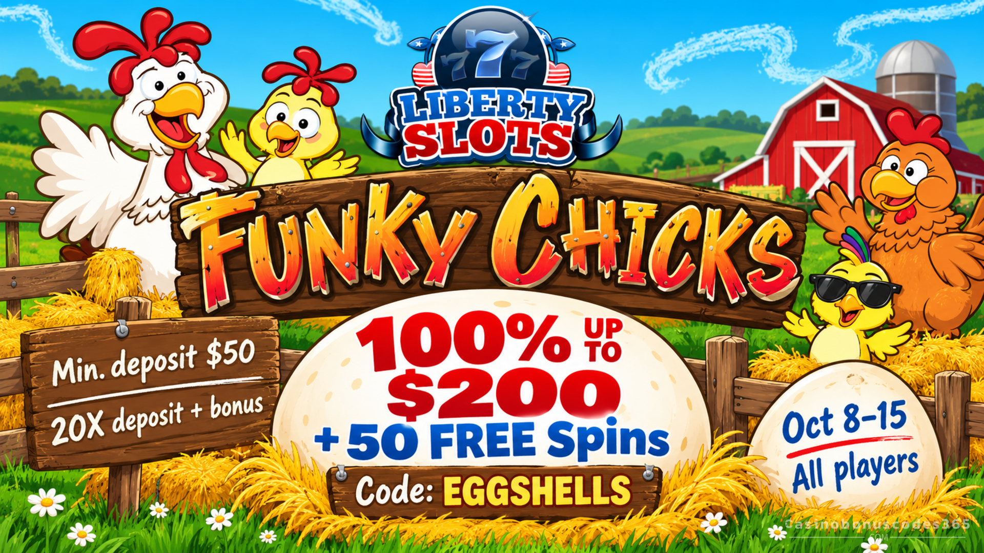 Liberty Slots 100% Bonus up to $200 + 50 FREE Spins on Funky Chicks
