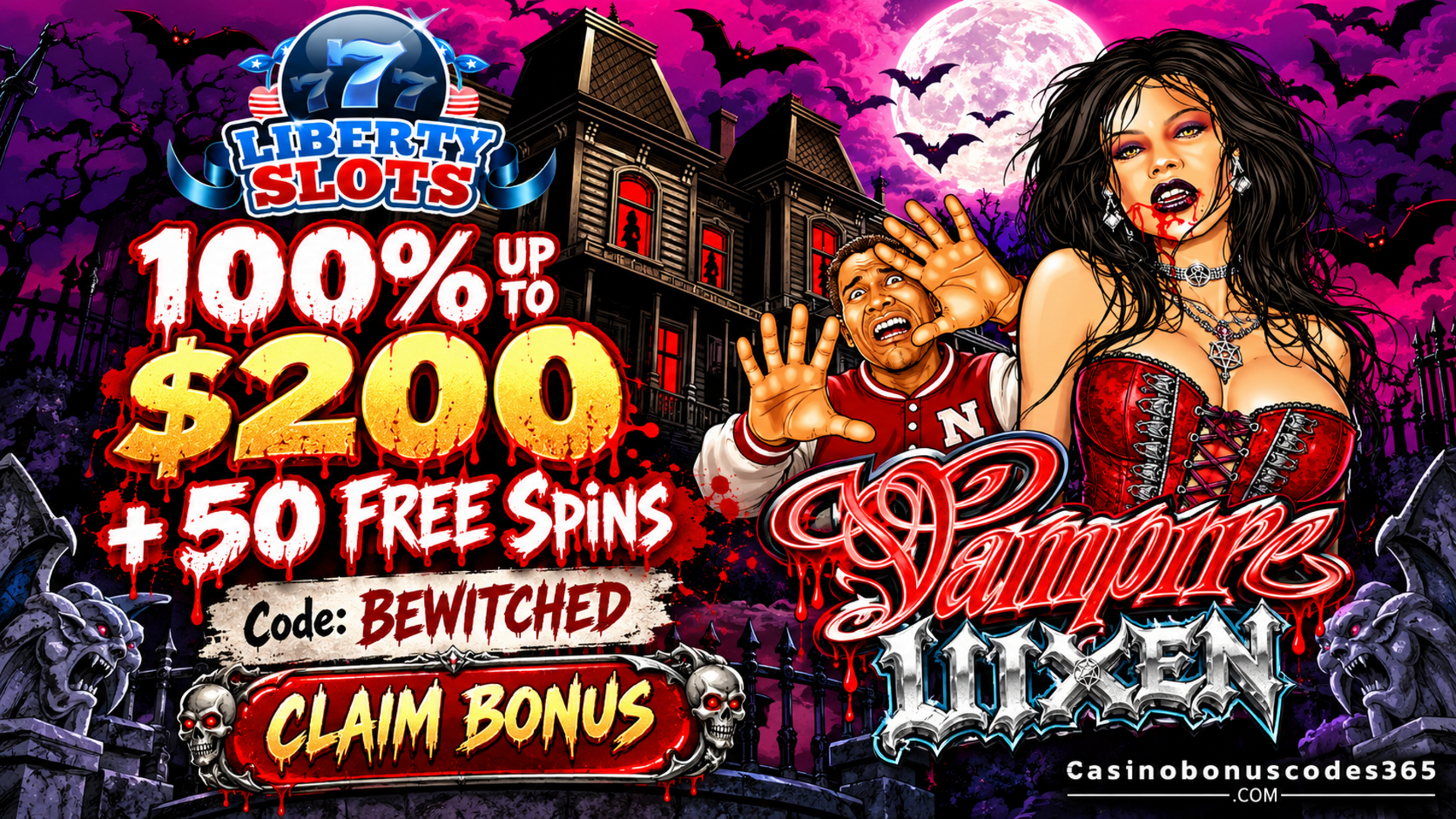 Liberty Slots: 100% up to $200 + 50 FREE Spins on Vampire Vixen