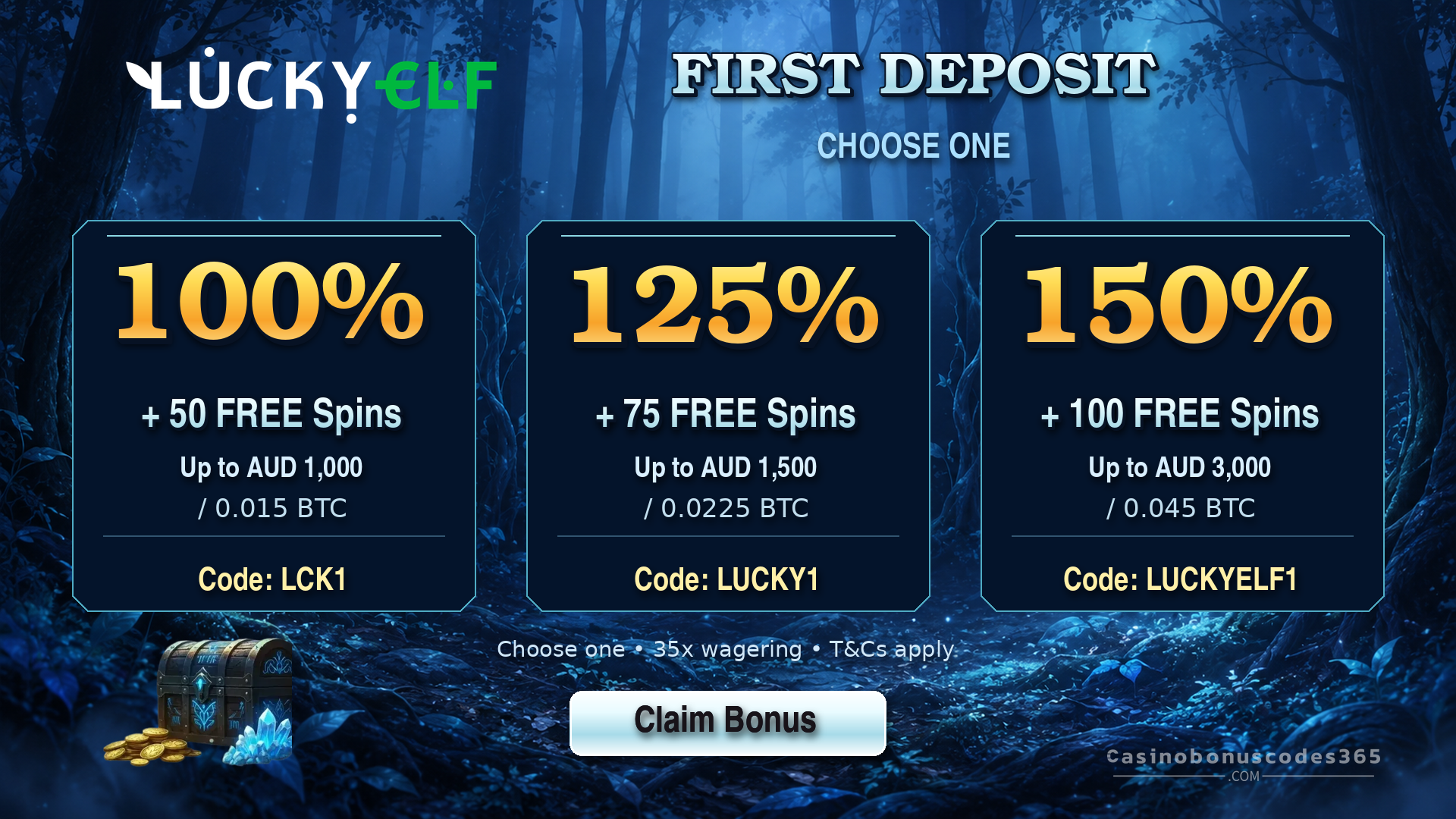 LuckyElf Casino First Deposit: Choose 100%, 125% or 150% + FREE Spins