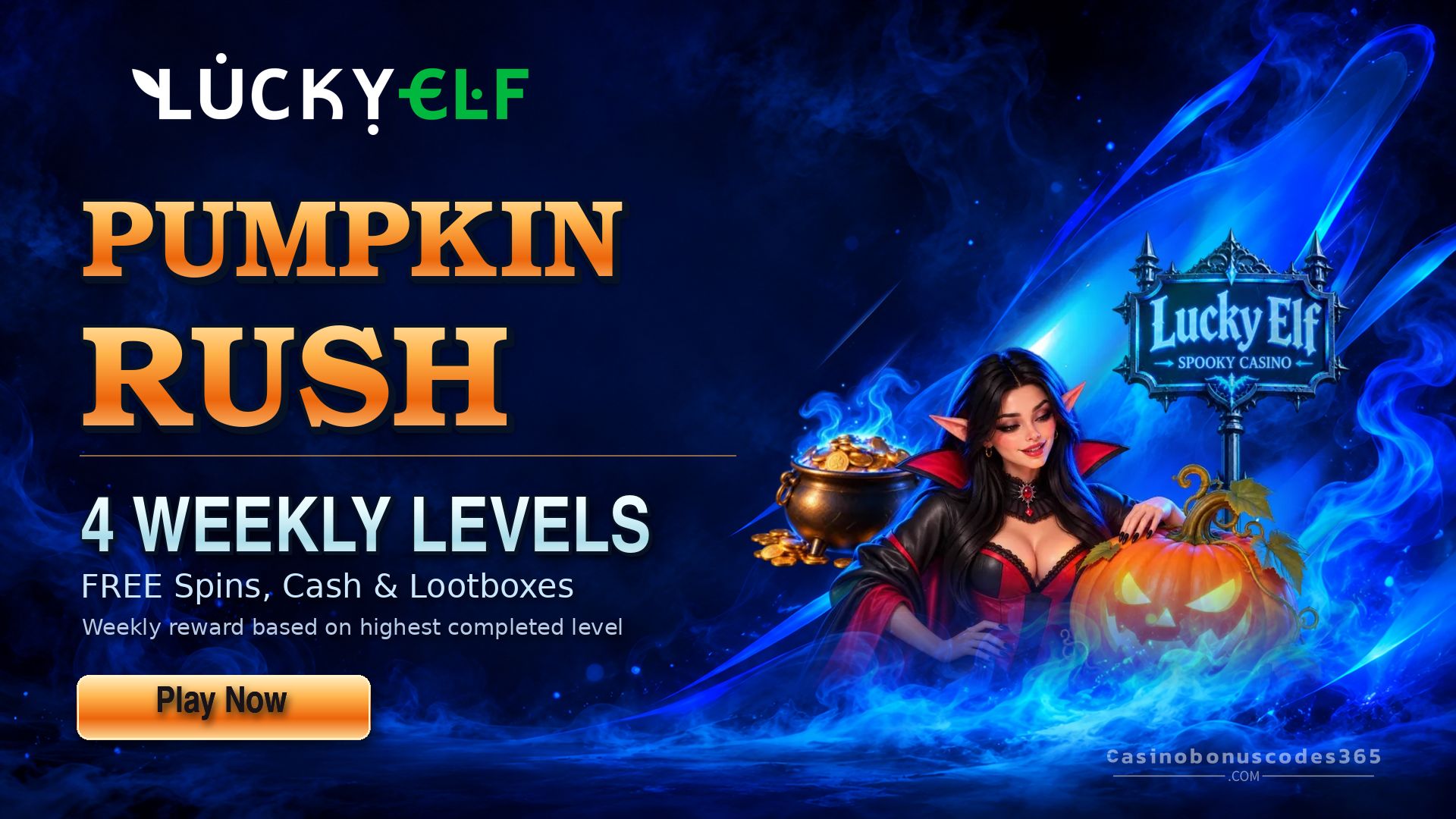 LuckyElf Casino Pumpkin Rush: 4 Weekly Levels with FREE Spins, Cash & Lootboxes