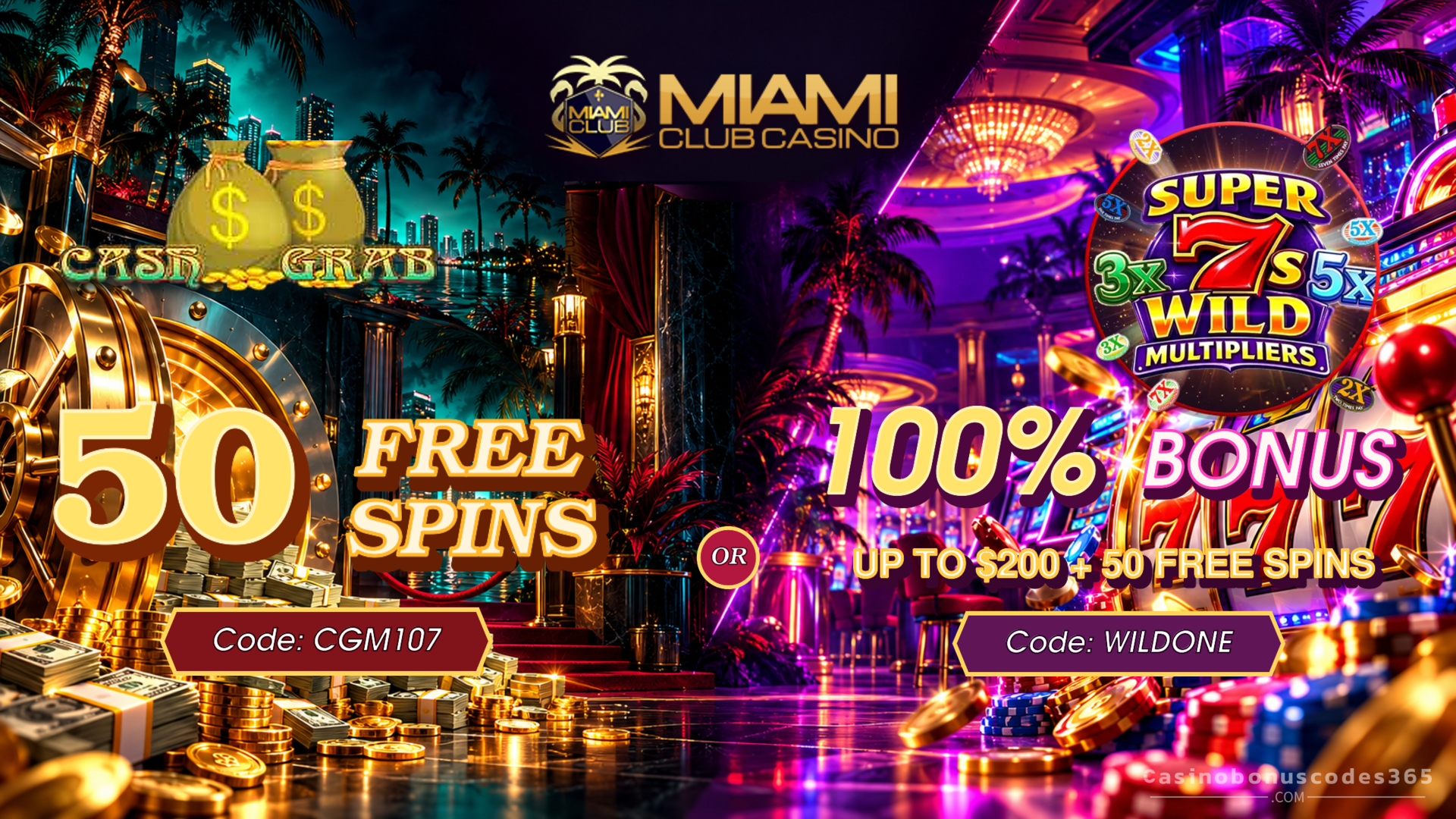 Miami Club Casino: 50 FREE Spins on Cash Grab + a 100% Bonus Option