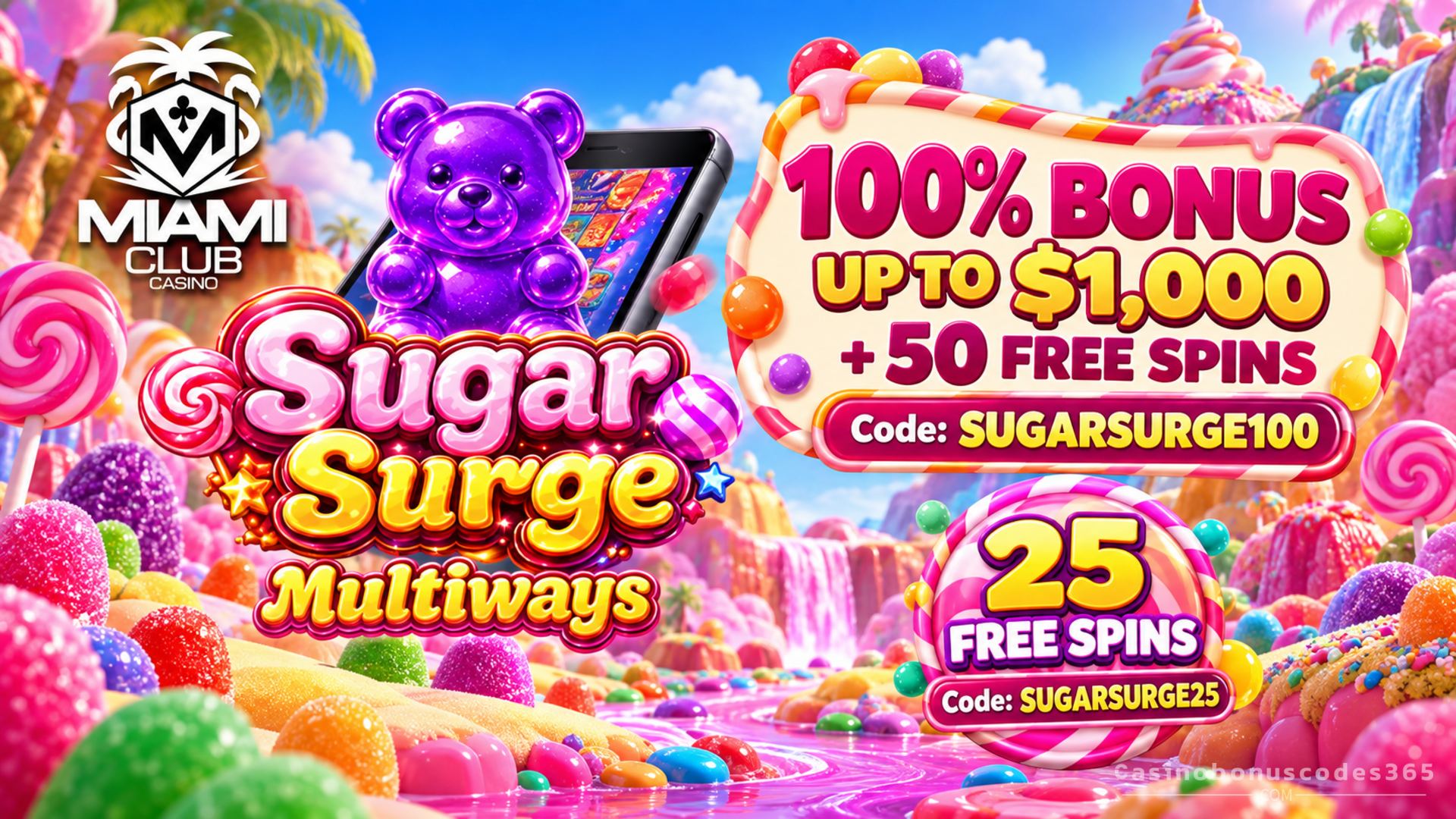 Miami Club 100% up to $1,000 + 50 FREE Spins