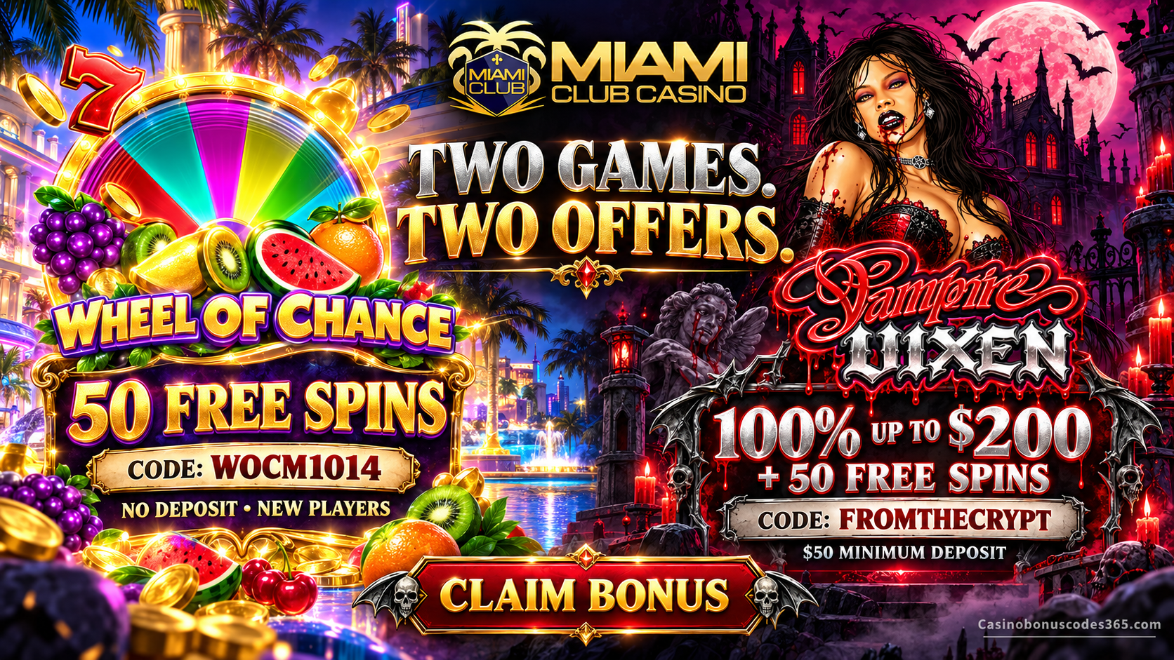 Miami Club Casino: 50 Wheel of Chance FREE Spins + Vampire Vixen Bonus