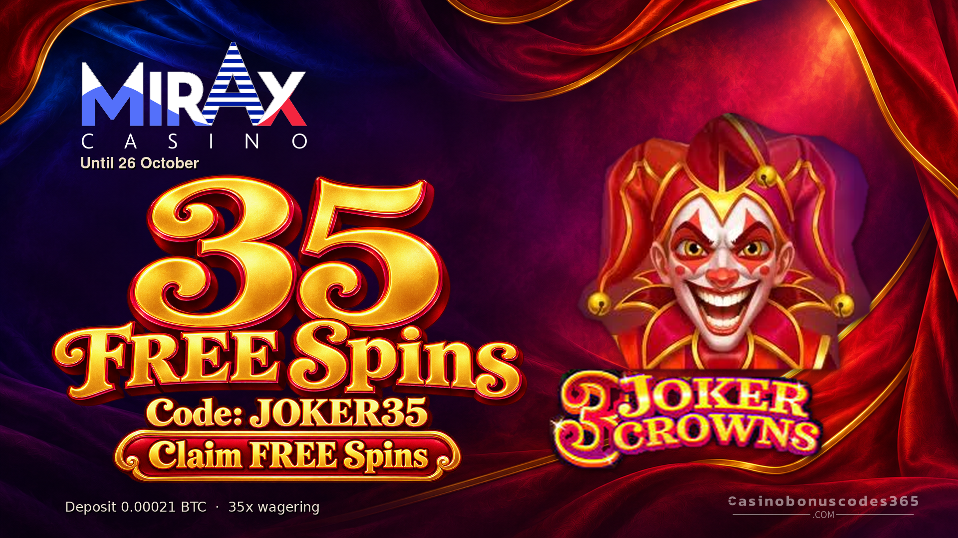 Mirax Casino JOKER35 bonus: 35 FREE Spins on 3 Joker Crowns