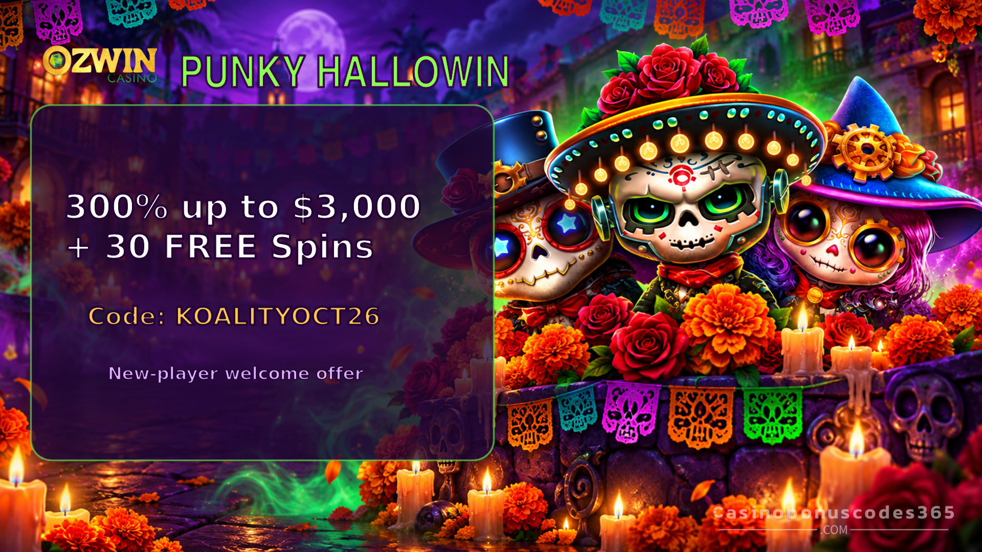 Ozwin Casino Punky HalloWIN: 300% up to $3,000 + 30 FREE Spins