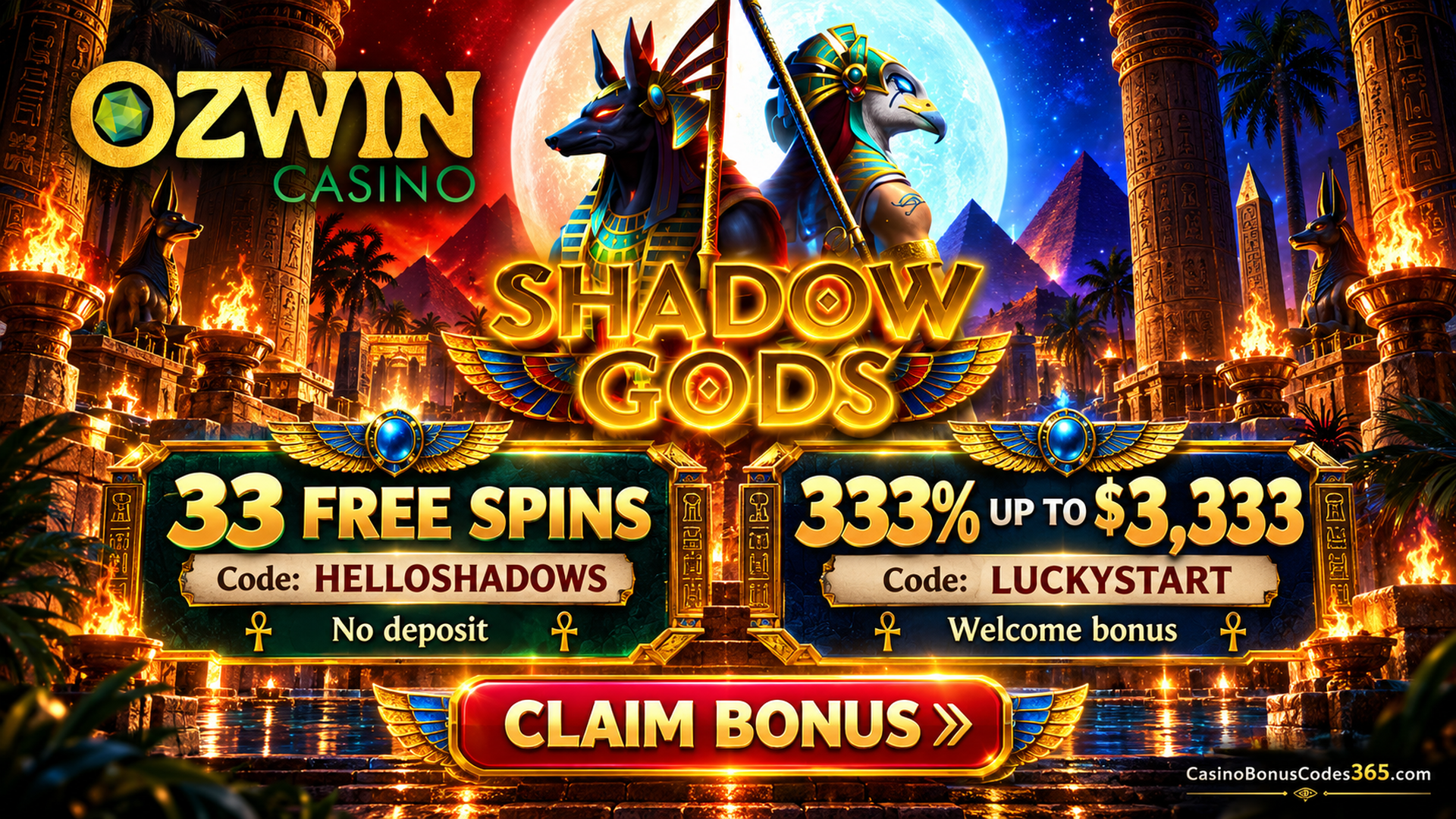 Ozwin Casino Shadow Gods: 33 FREE Spins + 333% Welcome Bonus