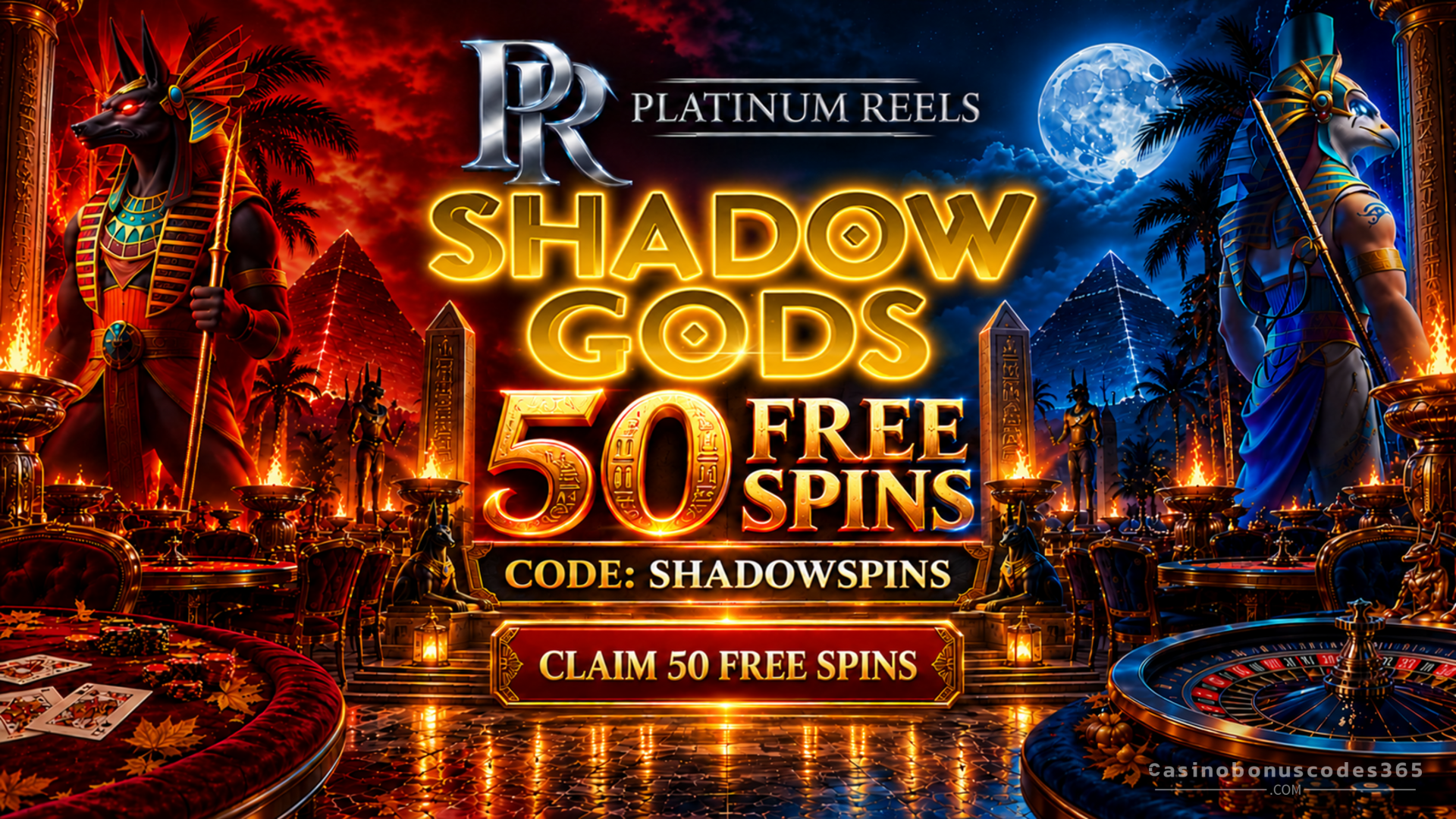 Platinum Reels Casino 50 FREE Spins on Shadow Gods
