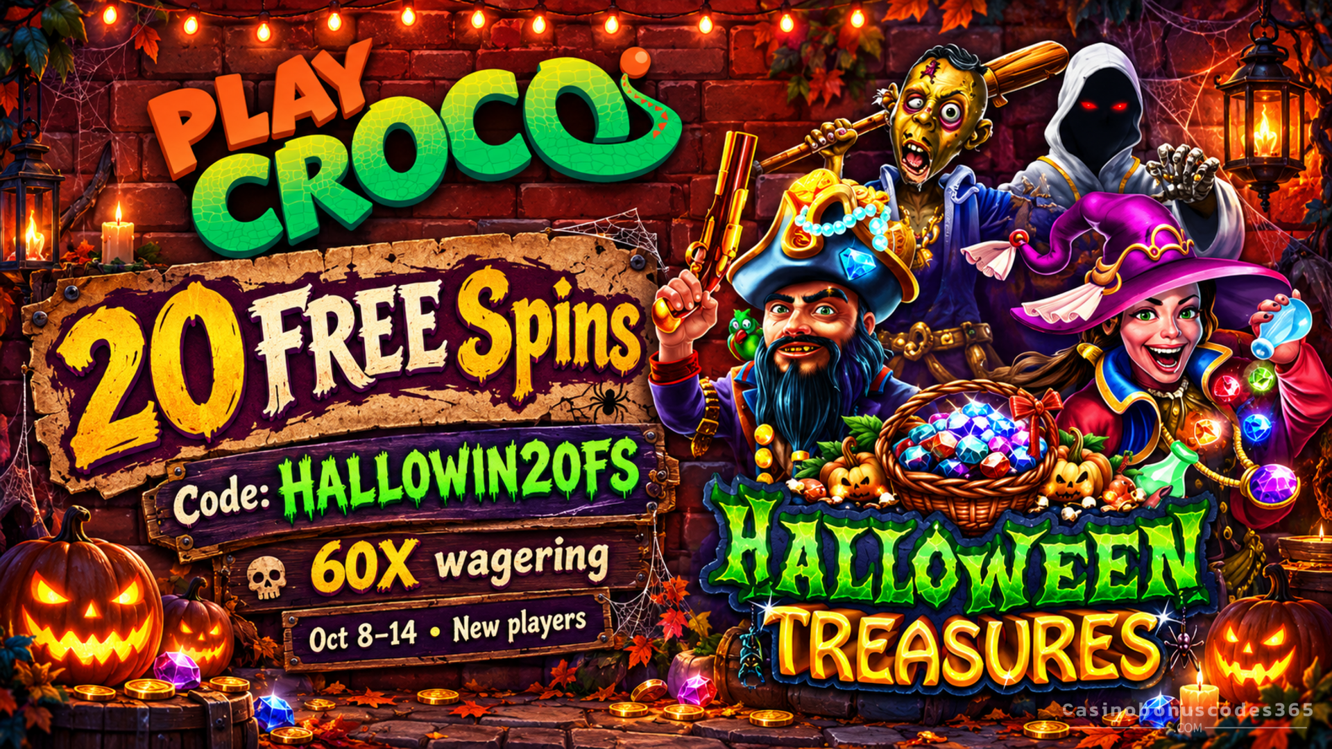 PlayCroco 20 FREE Spins on Halloween Treasures with Code HALLOWIN20FS