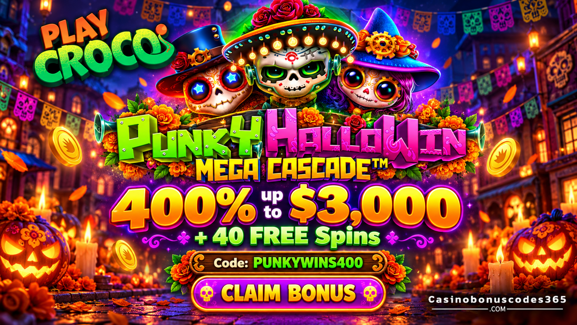 PlayCroco: 400% up to $3,000 + 40 FREE Spins on Punky HalloWIN