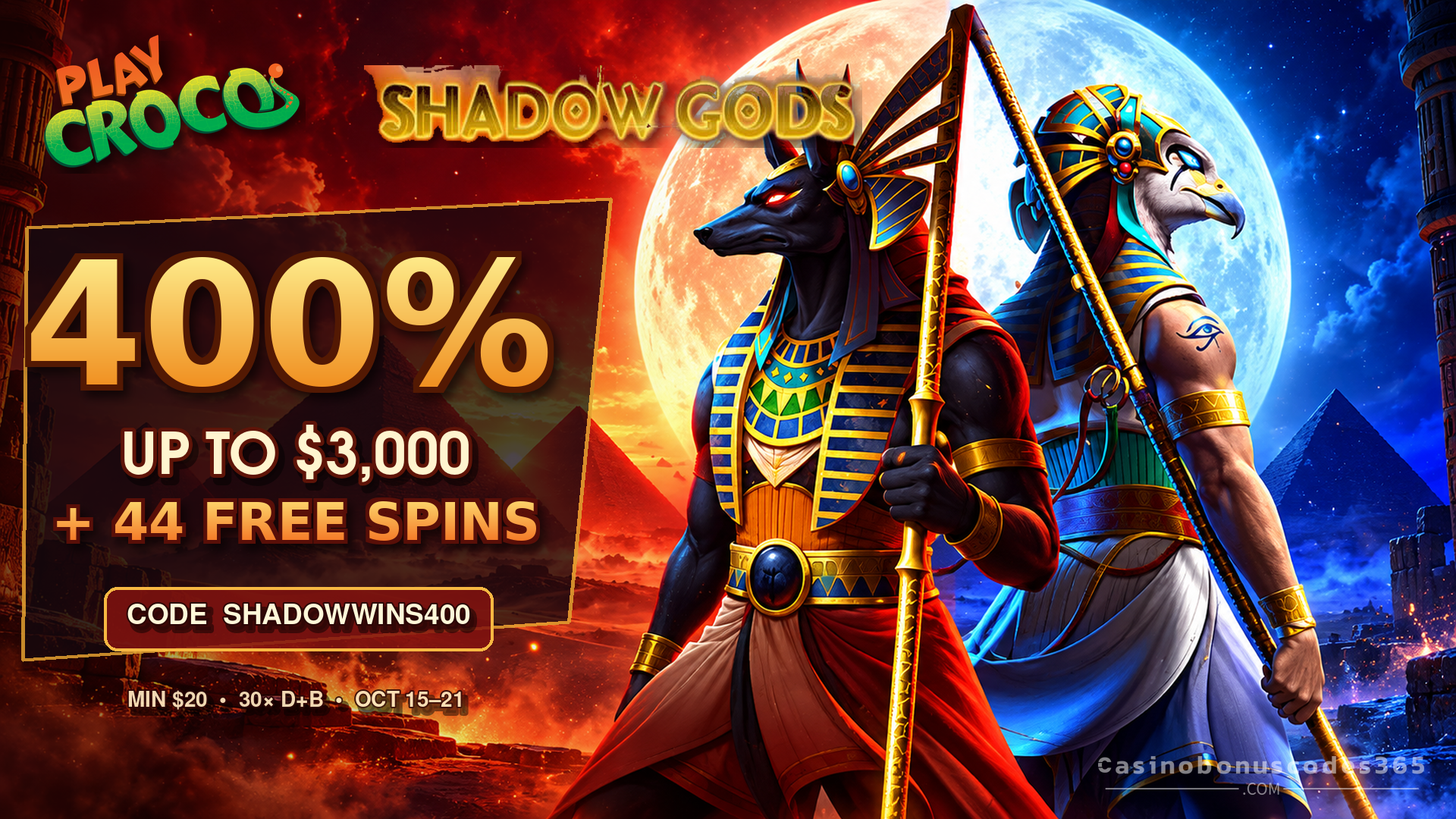 PlayCroco Shadow Gods Bonus: 400% up to $3,000 + 44 FREE Spins