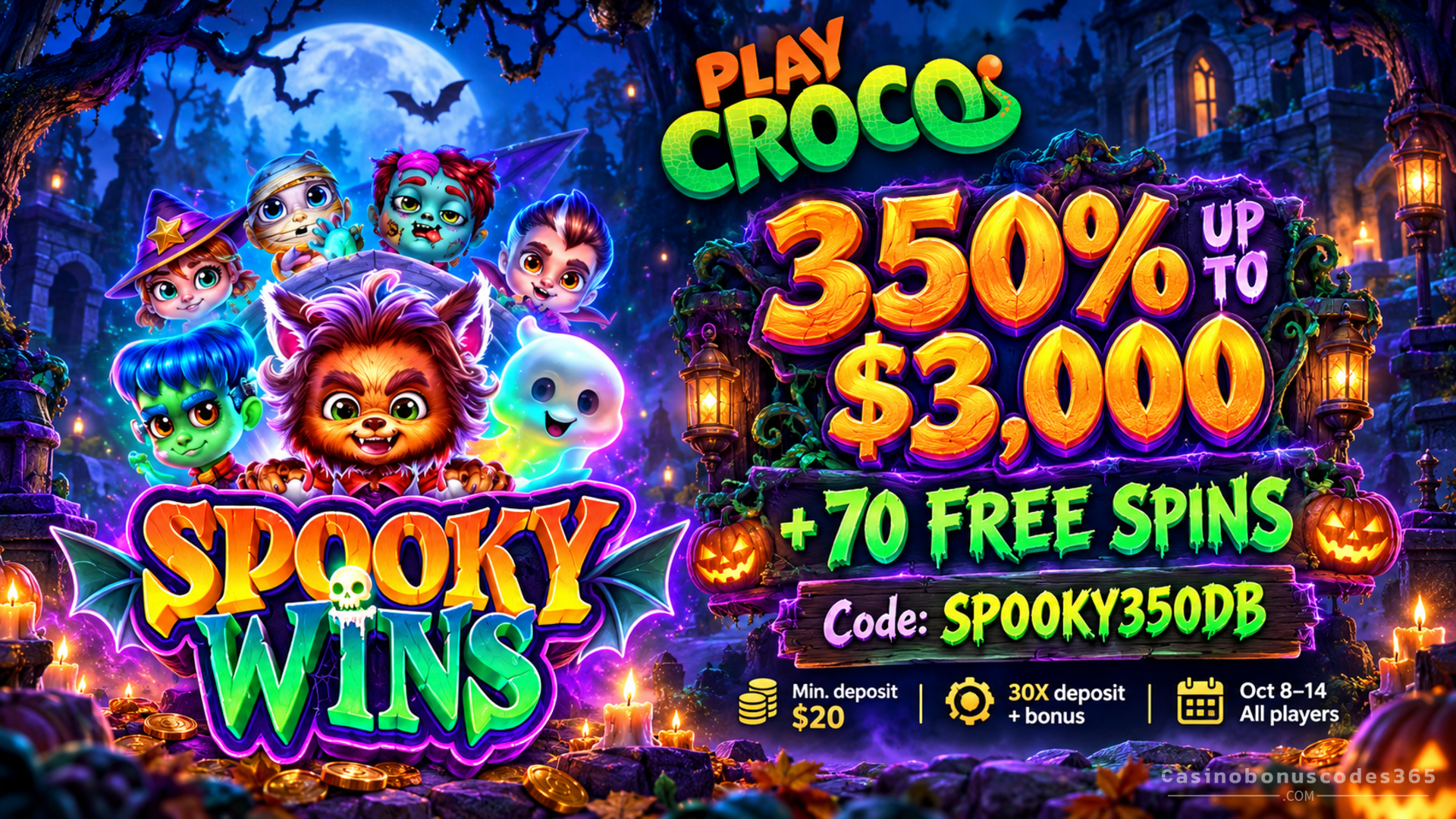 PlayCroco 350% Bonus up to $3,000 + 70 FREE Spins on Spooky Wins