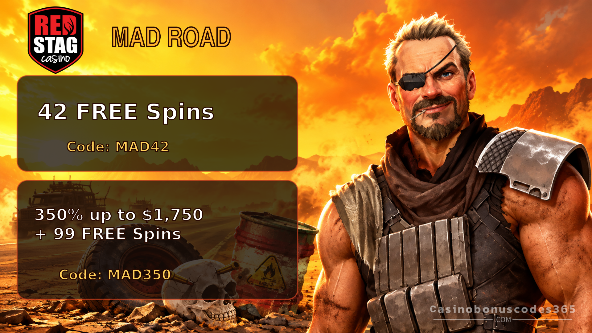 Red Stag Casino Mad Road: 42 No Deposit FREE Spins + 350% Offer