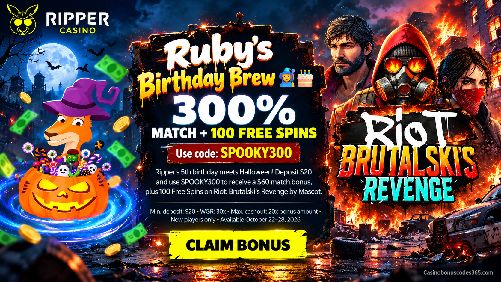 Ripper Casino Ruby’s Birthday Brew: 300% match and 100 FREE Spins with SPOOKY300