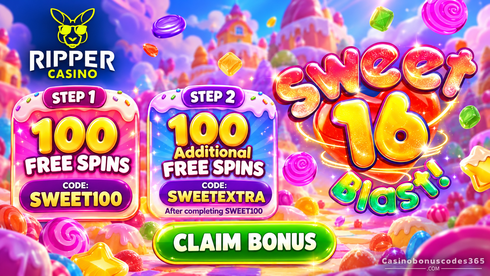 Ripper Casino Birthday Offer: 100 + 100 Sweet 16 Blast! FREE Spins
