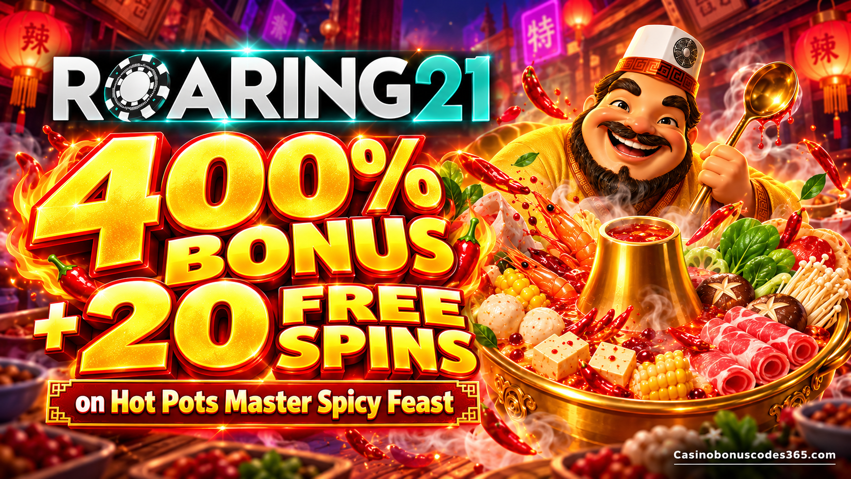 Roaring21 Hot Pot Master Spicy Feast launch promotion — 400% Bonus + 20 FREE Spins on Hot Pot Master Spicy Feast