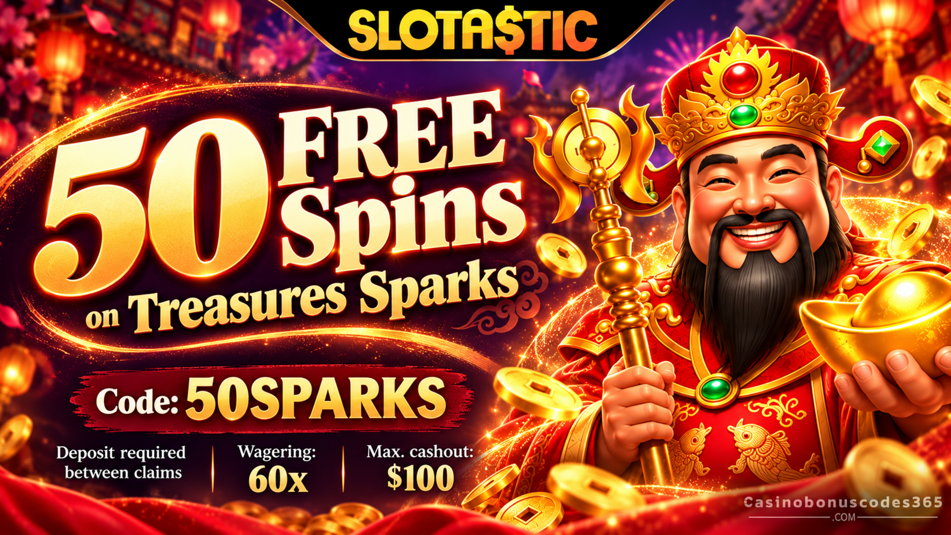 Slotastic Casino 50 FREE Spins on Treasures Sparks