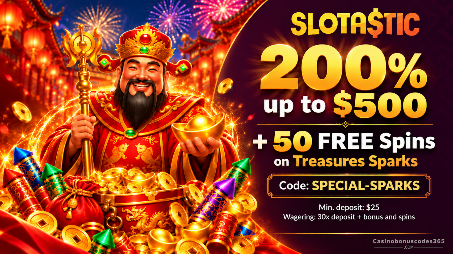 Slotastic Casino 200% up to $500 plus 50 FREE Spins on Treasures Sparks