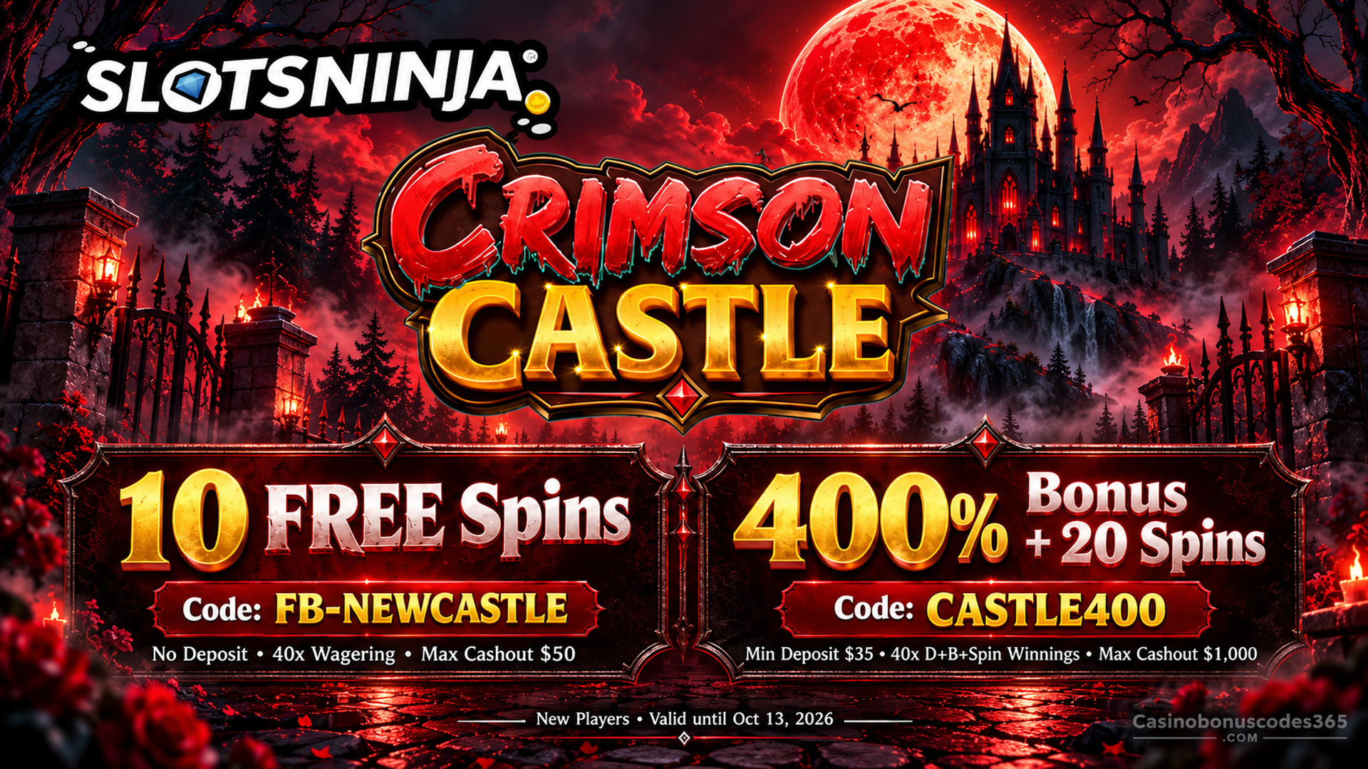 Slots Ninja Crimson Castle 10 FREE Spins + 400% Bonus + 20 FREE Spins
