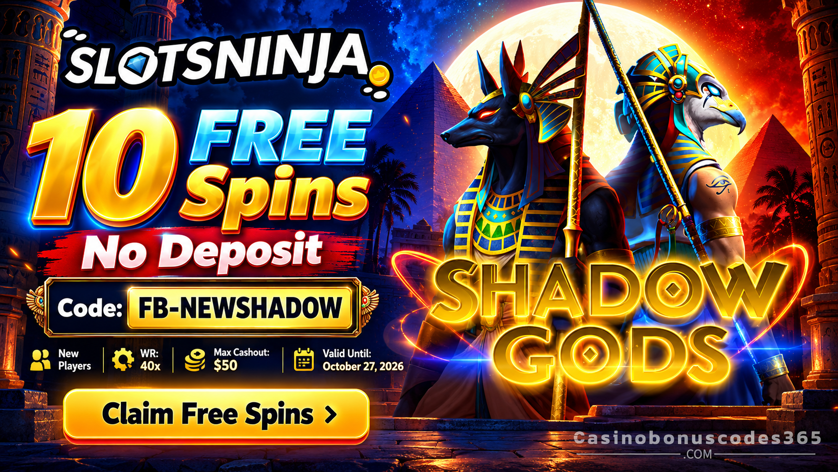 Slots Ninja Shadow Gods 10 FREE Spins — No Deposit
