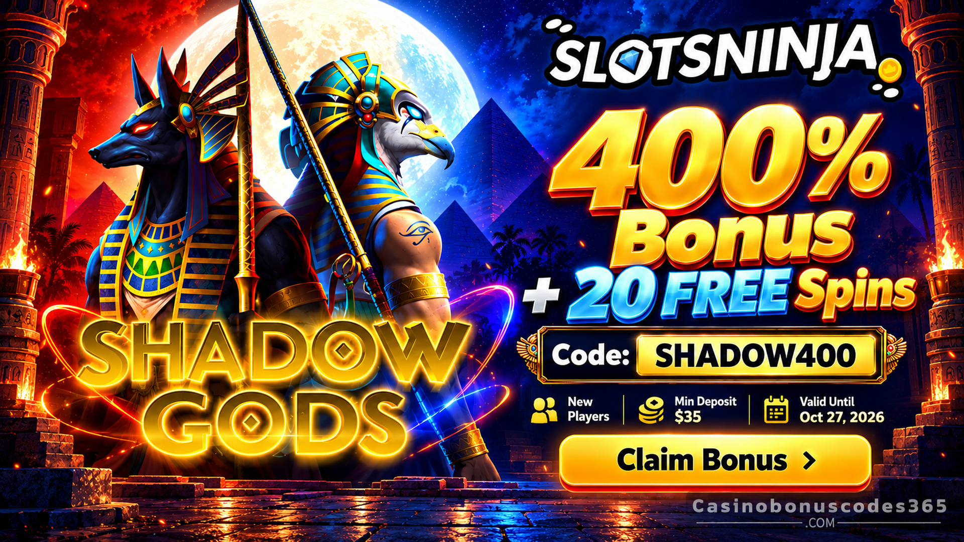 Slots Ninja Shadow Gods 400% Bonus + 20 FREE Spins