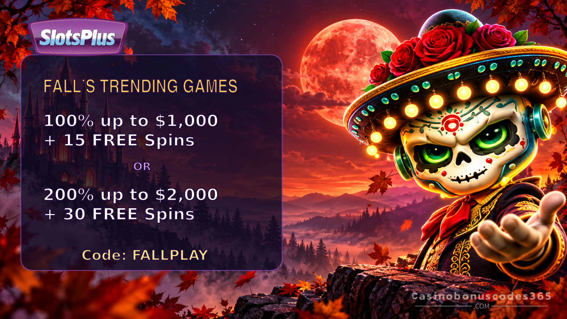 SlotsPlus Casino FALLPLAY: 100% or 200% Bonus with FREE Spins