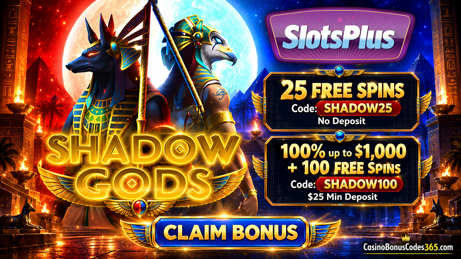 SlotsPlus Casino Shadow Gods: SHADOW25 and SHADOW100 Offers