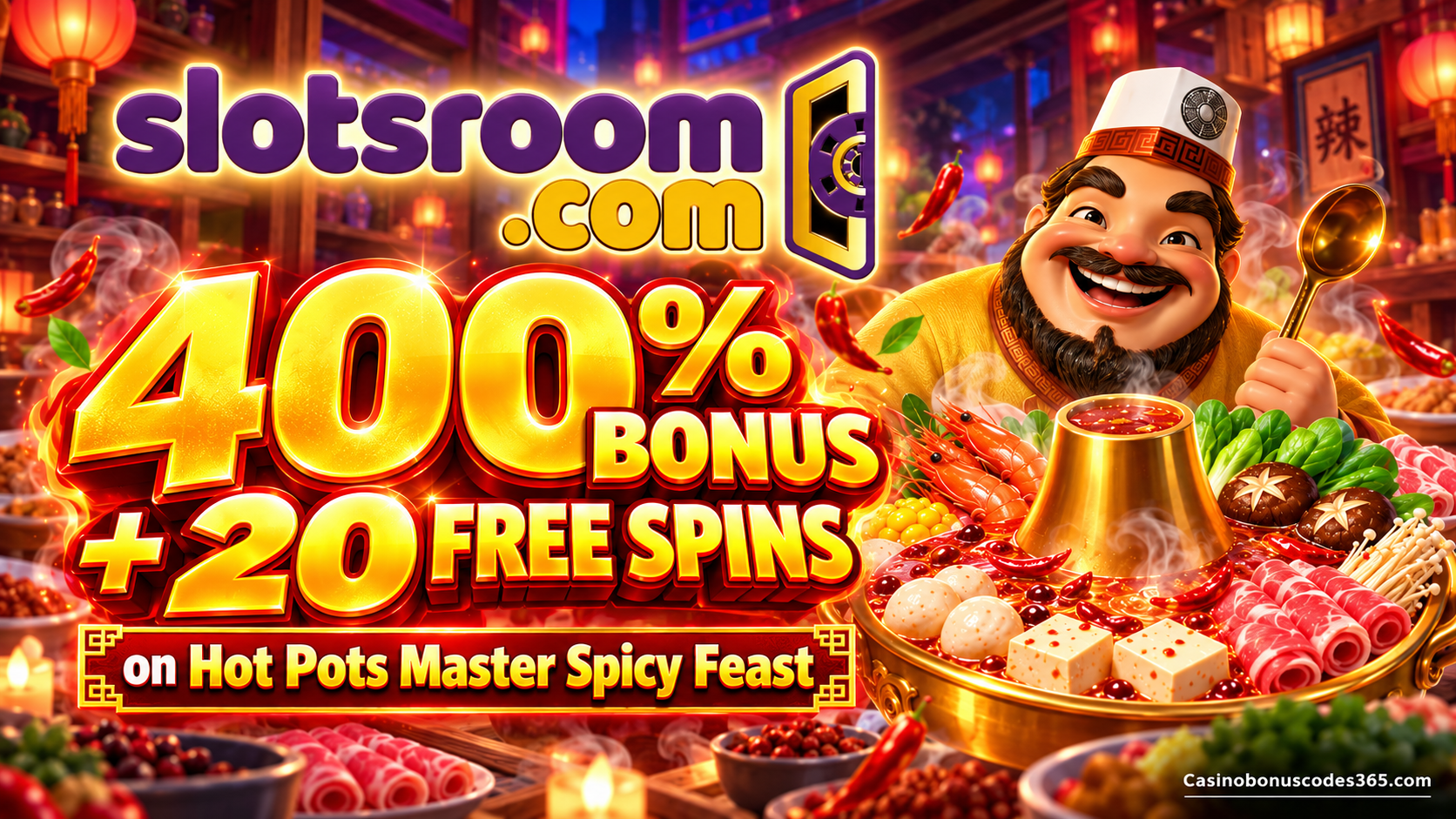 Slotsroom Hot Pot Master Spicy Feast launch promotion — 400% Bonus + 20 FREE Spins on Hot Pot Master Spicy Feast