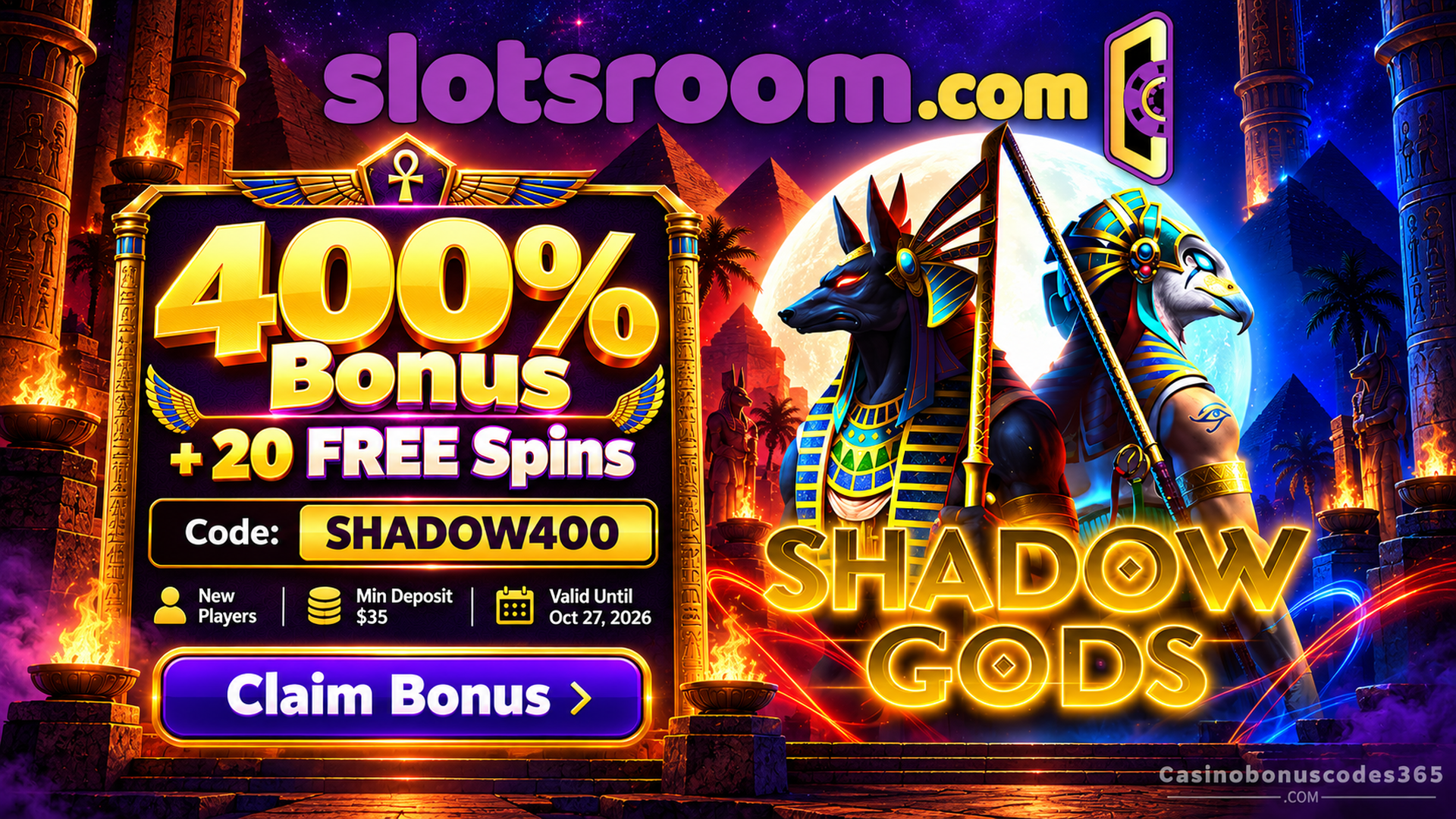 Slotsroom Shadow Gods 400% Bonus + 20 FREE Spins