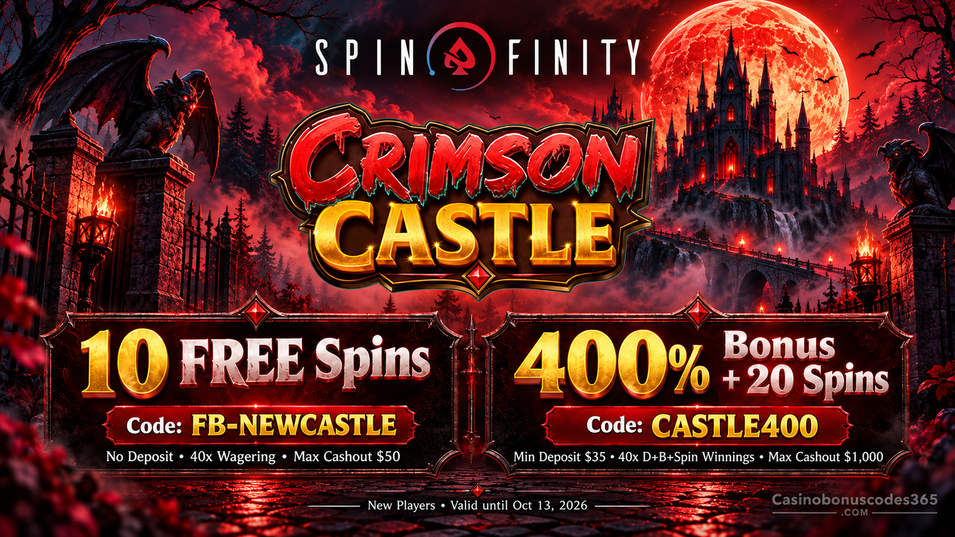 Spinfinity Crimson Castle 10 FREE Spins + 400% Bonus + 20 FREE Spins