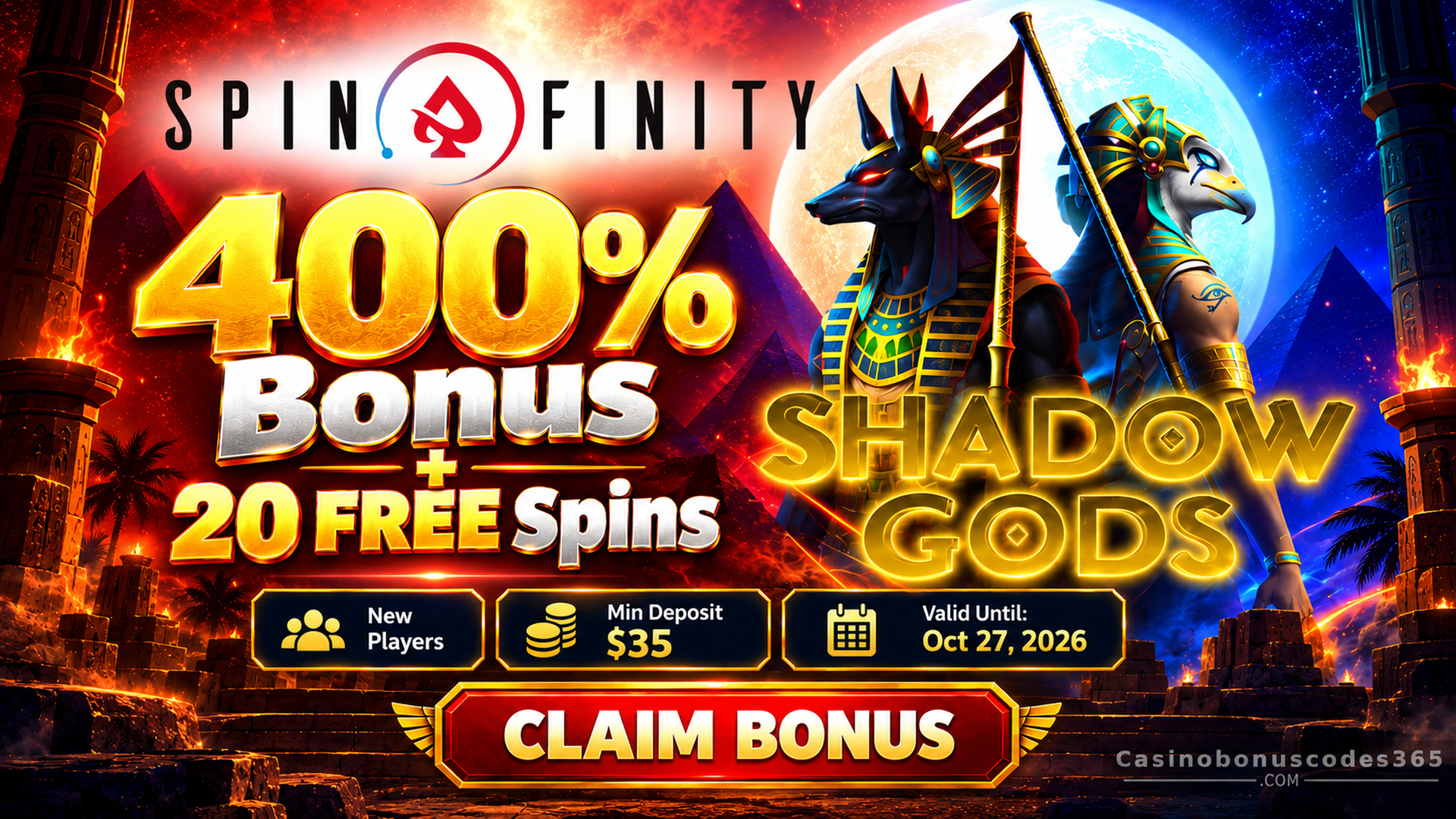 Spinfinity Shadow Gods 400% Bonus + 20 FREE Spins