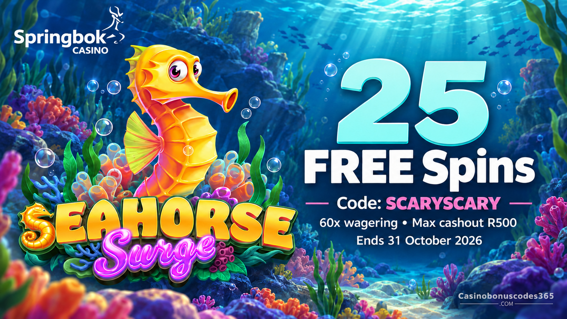 Springbok Casino 25 Seahorse Surge FREE Spins with code SCARYSCARY