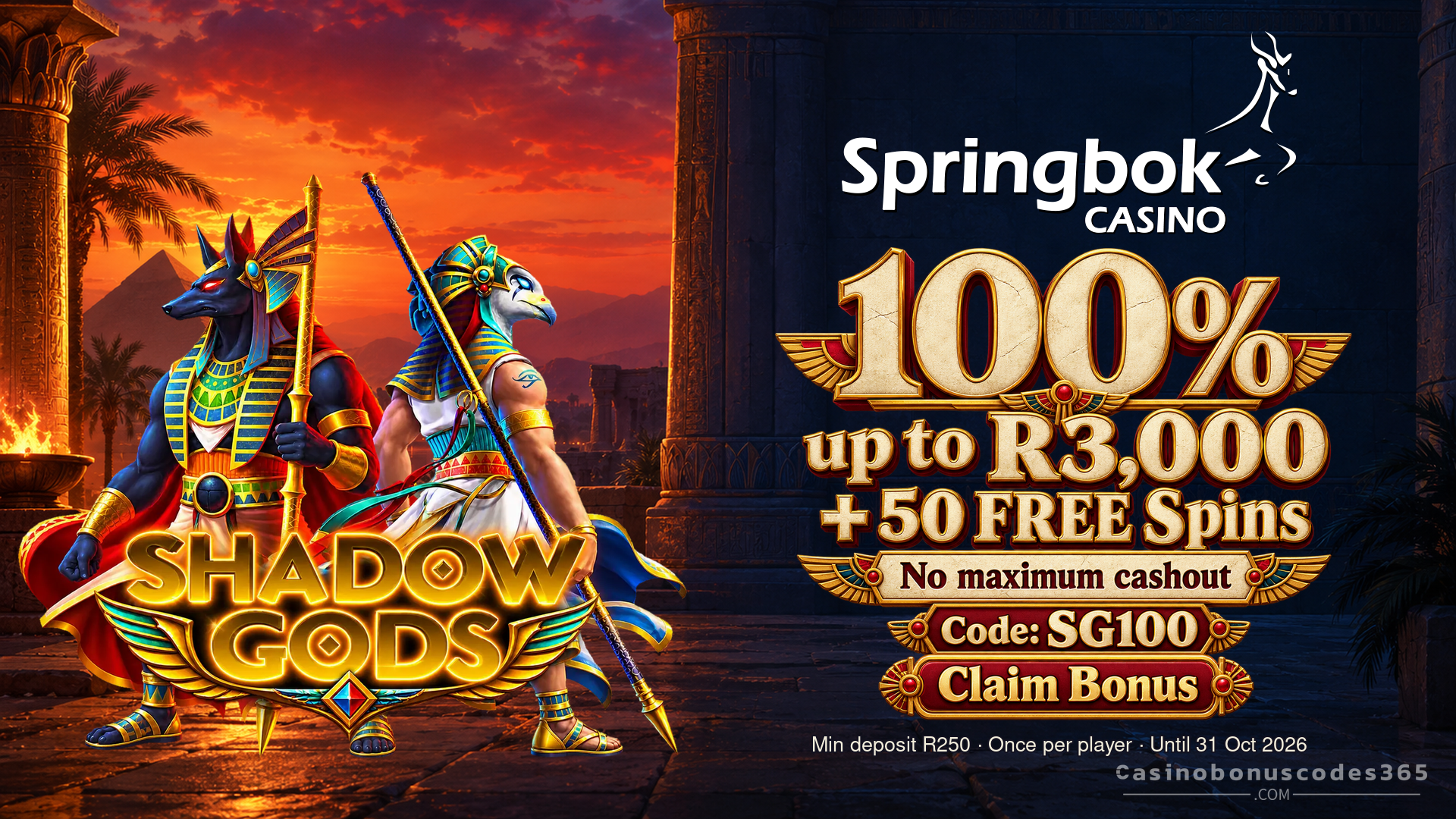Springbok Shadow Gods: 100% + 50 FREE Spins, No Maximum Cashout